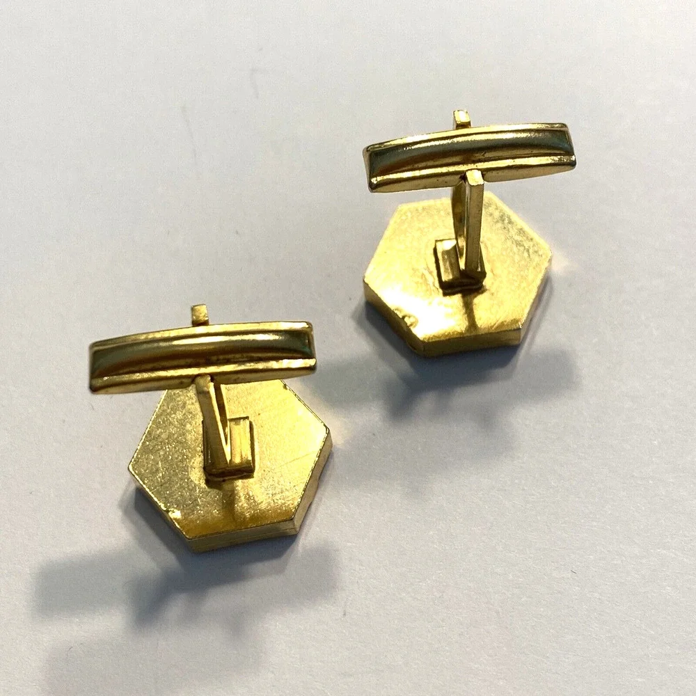 Vintage Mid Century Cufflinks Goldtone & Frosty Silvertone Geometric Hexagon